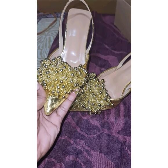 NEW Elegant Golden Beaded & Rhinestone Pointed-Toe Stiletto - Picture 9 of 11